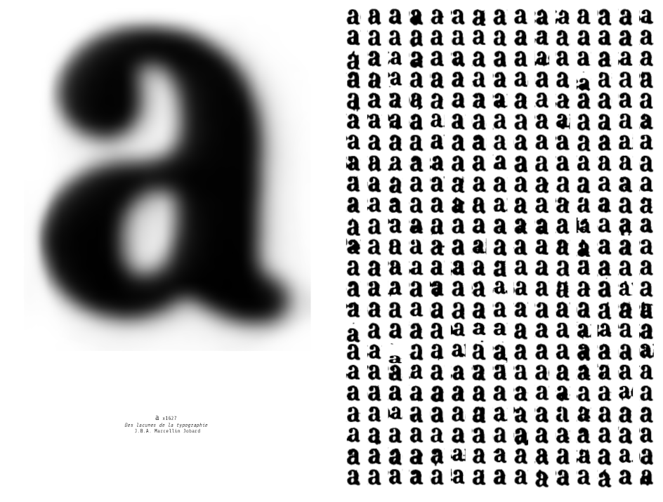 lettre Â« a Â» gÃ©nÃ©rÃ©e par moyenne d'une multitude de glyphes venants d'un livre